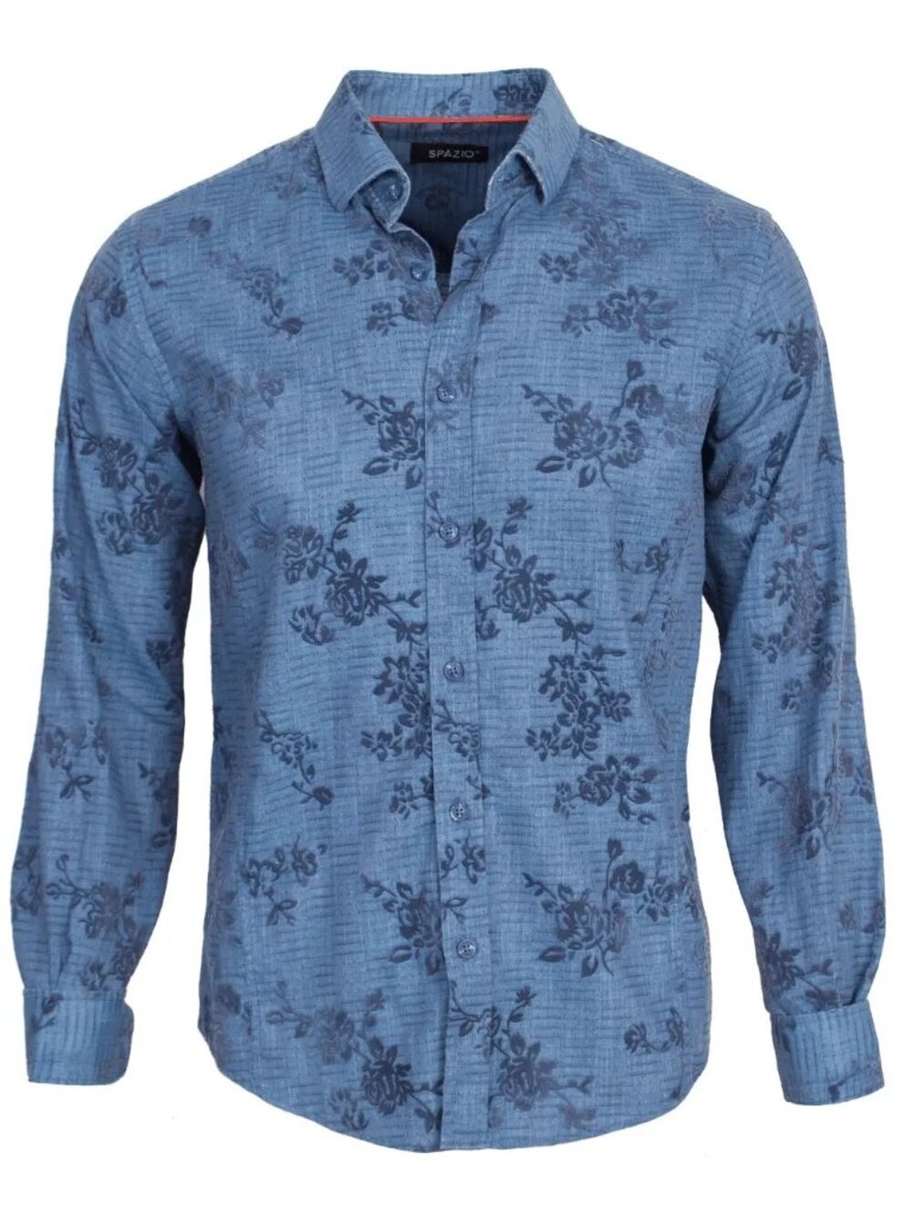Spazio Blue With Floral Print & Horizontal Lines Long Sleeve Button Up Shirt